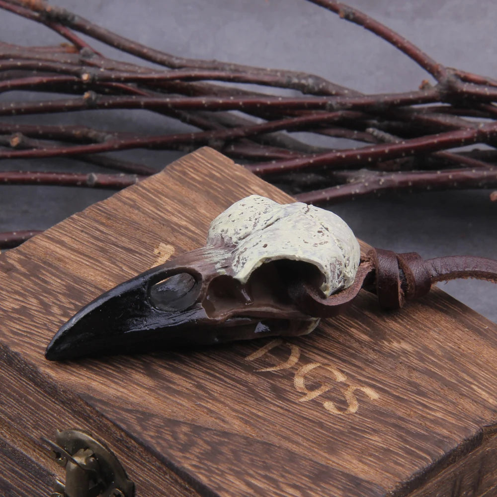 Raven Skull Necklace - Stainless Steel With Wooden Box