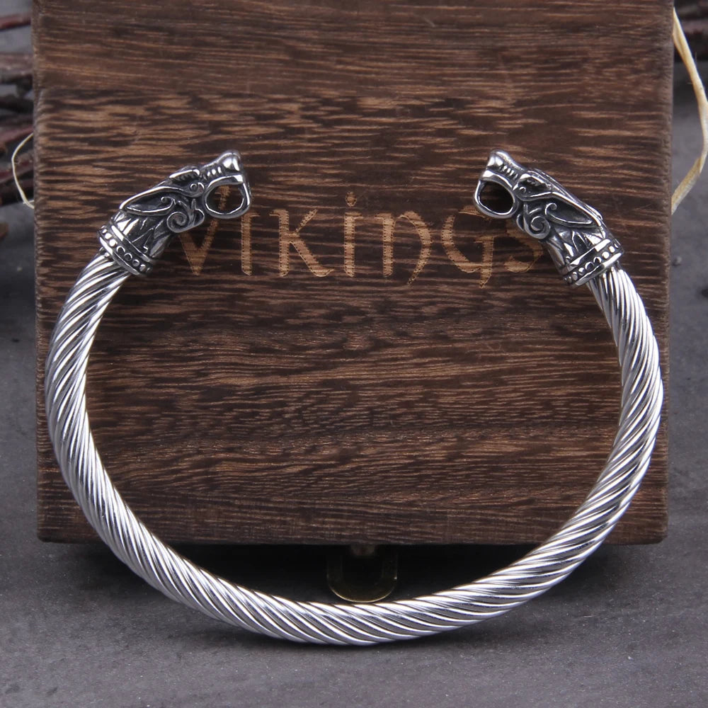 Nordic Viking Norse Wolf Cuff Bracelet – Stainless Steel With Wooden Box