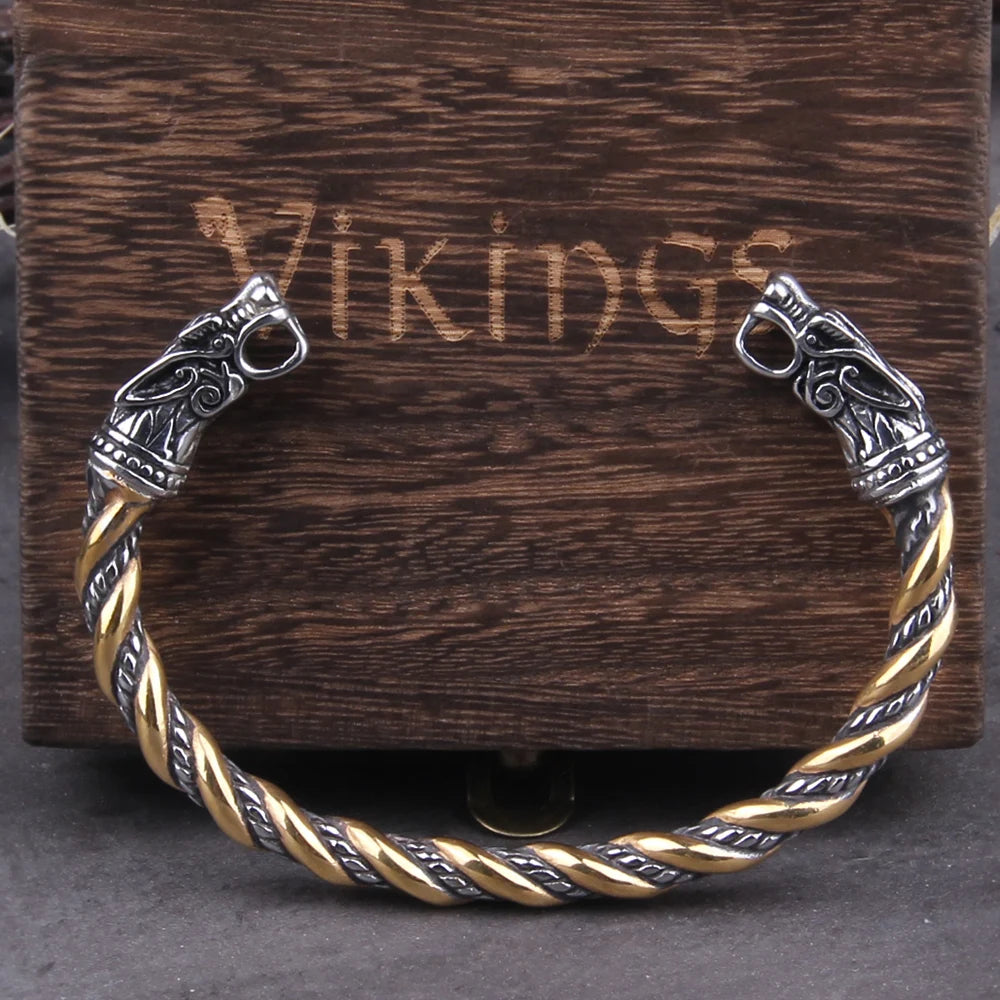 Nordic Viking Norse Wolf Cuff Bracelet – Stainless Steel With Wooden Box