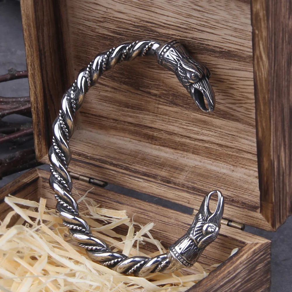 Nordic Viking Norse Raven Cuff Bracelet - Stainless Steel With Wooden Box