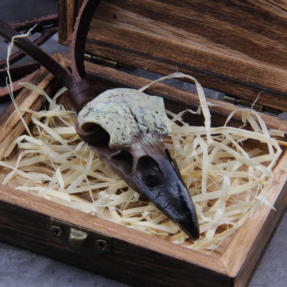 Raven Skull Necklace - Stainless Steel With Wooden Box