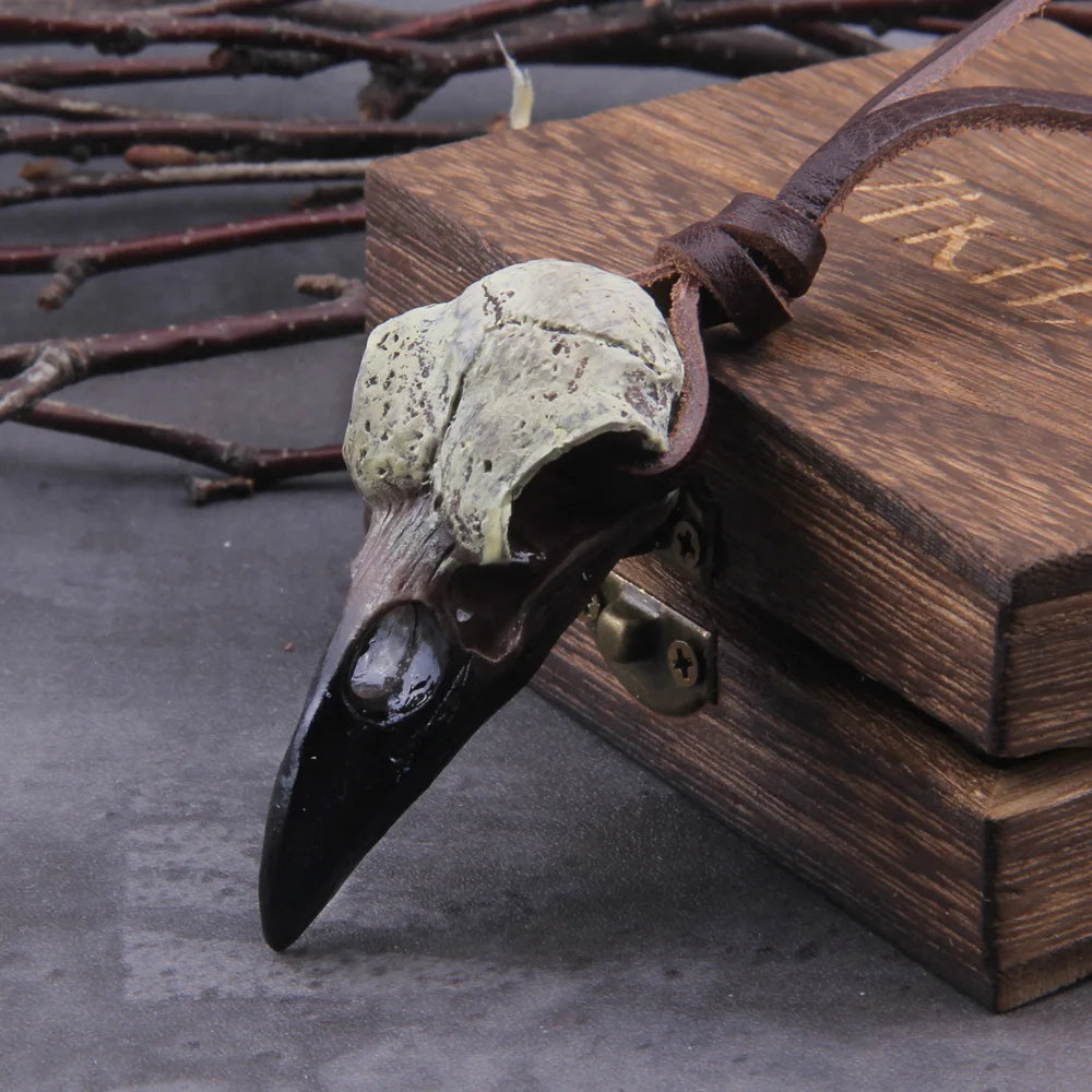 Raven Skull Necklace - Stainless Steel With Wooden Box