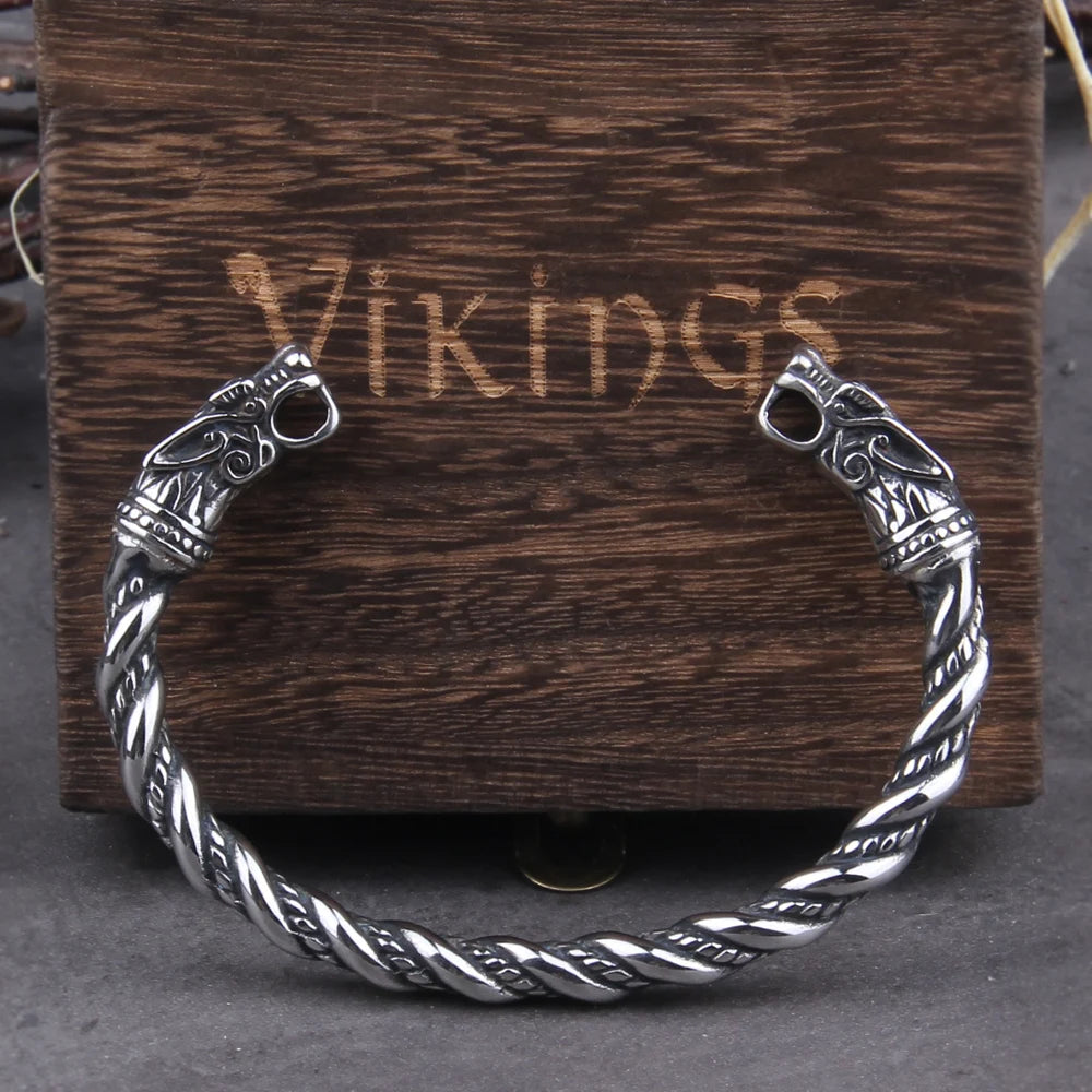 Nordic Viking Norse Wolf Cuff Bracelet – Stainless Steel With Wooden Box