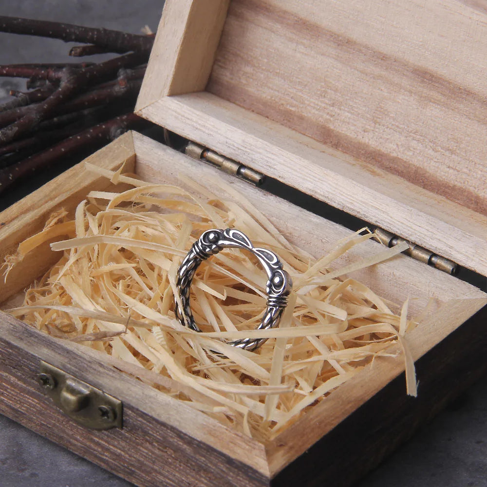 Viking Two Entwined Ravens Ring - Stainless Steel With Wooden Box