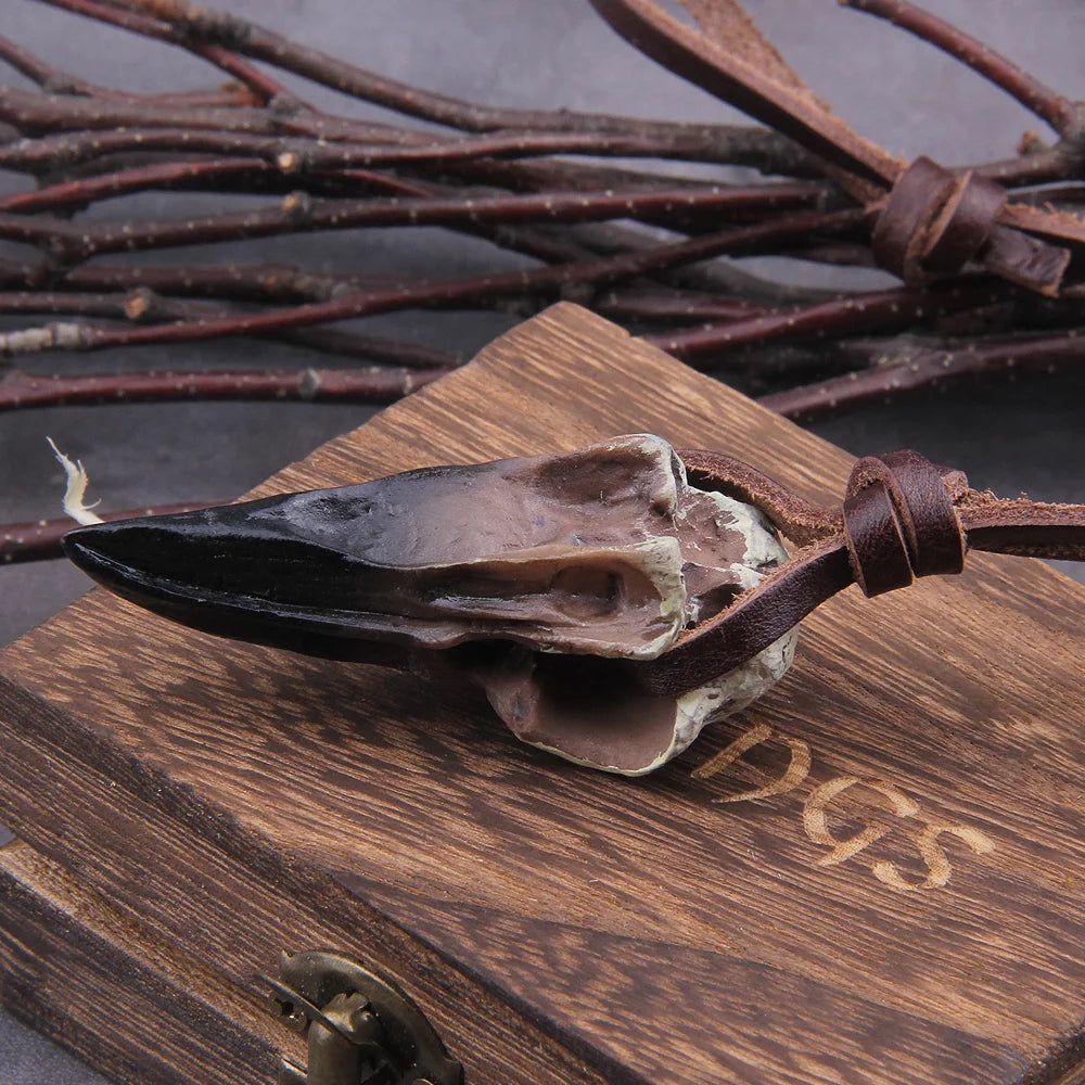 Raven Skull Necklace - Stainless Steel With Wooden Box