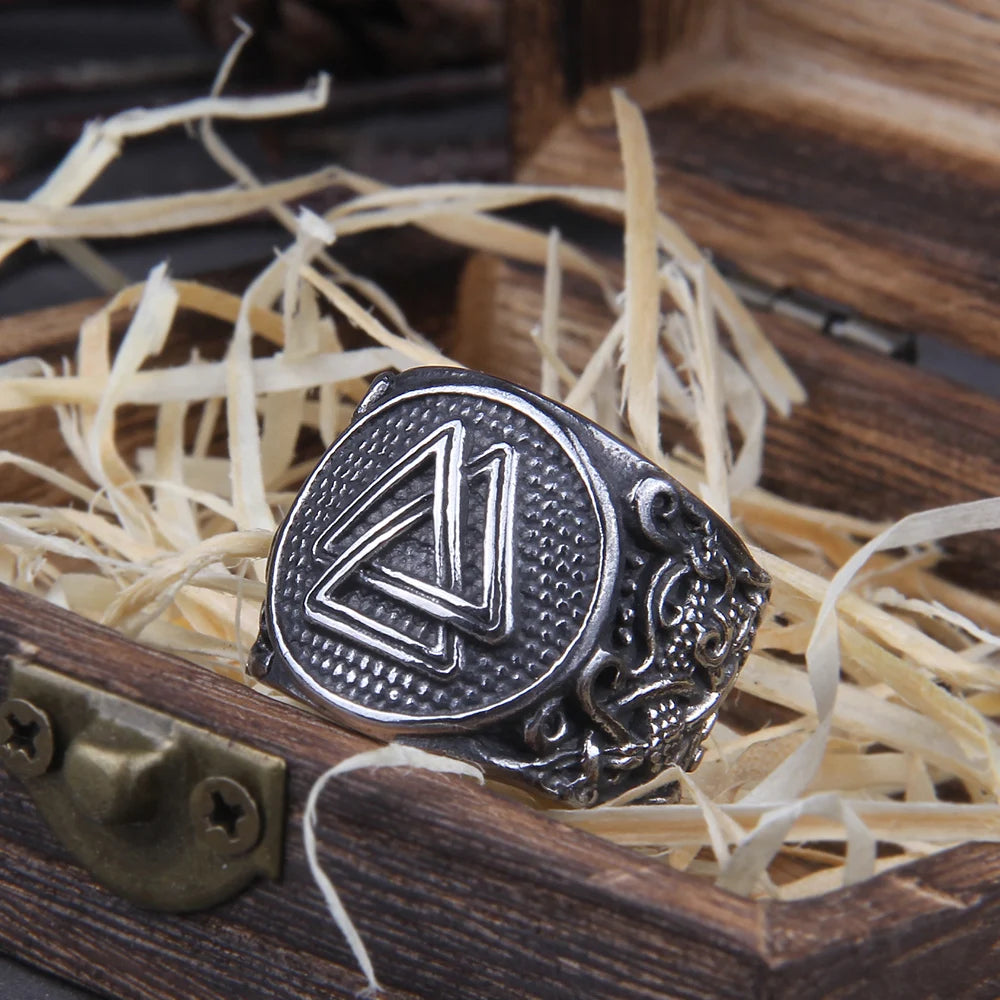 Viking Valknut Ring - Stainless Steel With Wooden Box