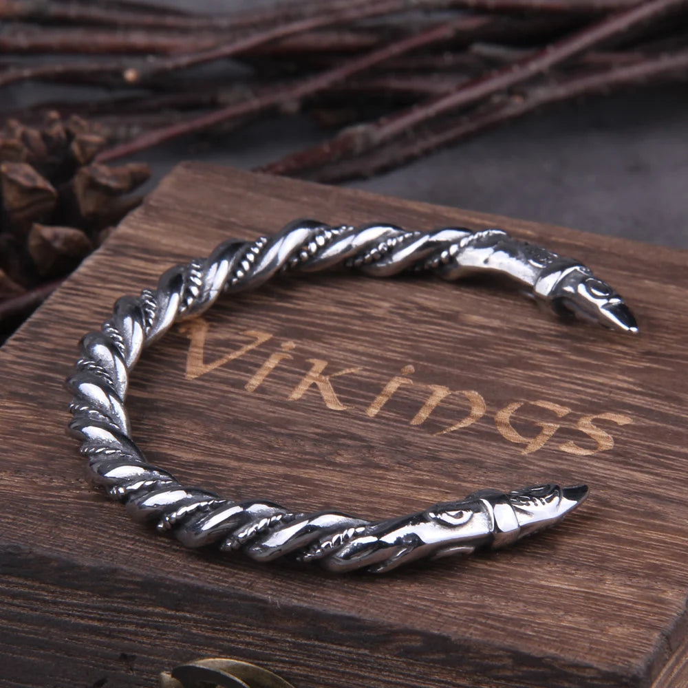 Viking Norse Cuff Bracelet - Stainless Steel With Wooden Box