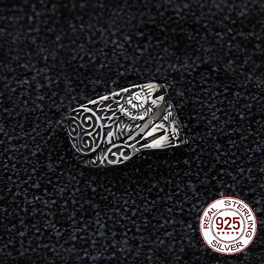 Viking Raven Hugin and Munin Ring -  925 Sterling Silver With Wooden Box