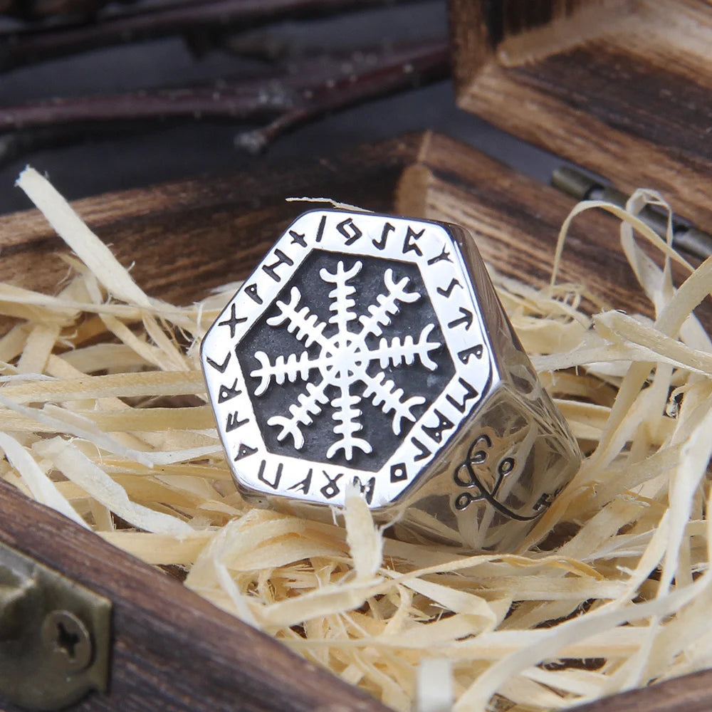 Viking Compass Vegvisir Aegishjalmur Runic Ring - Stainless Steel With Wooden Box