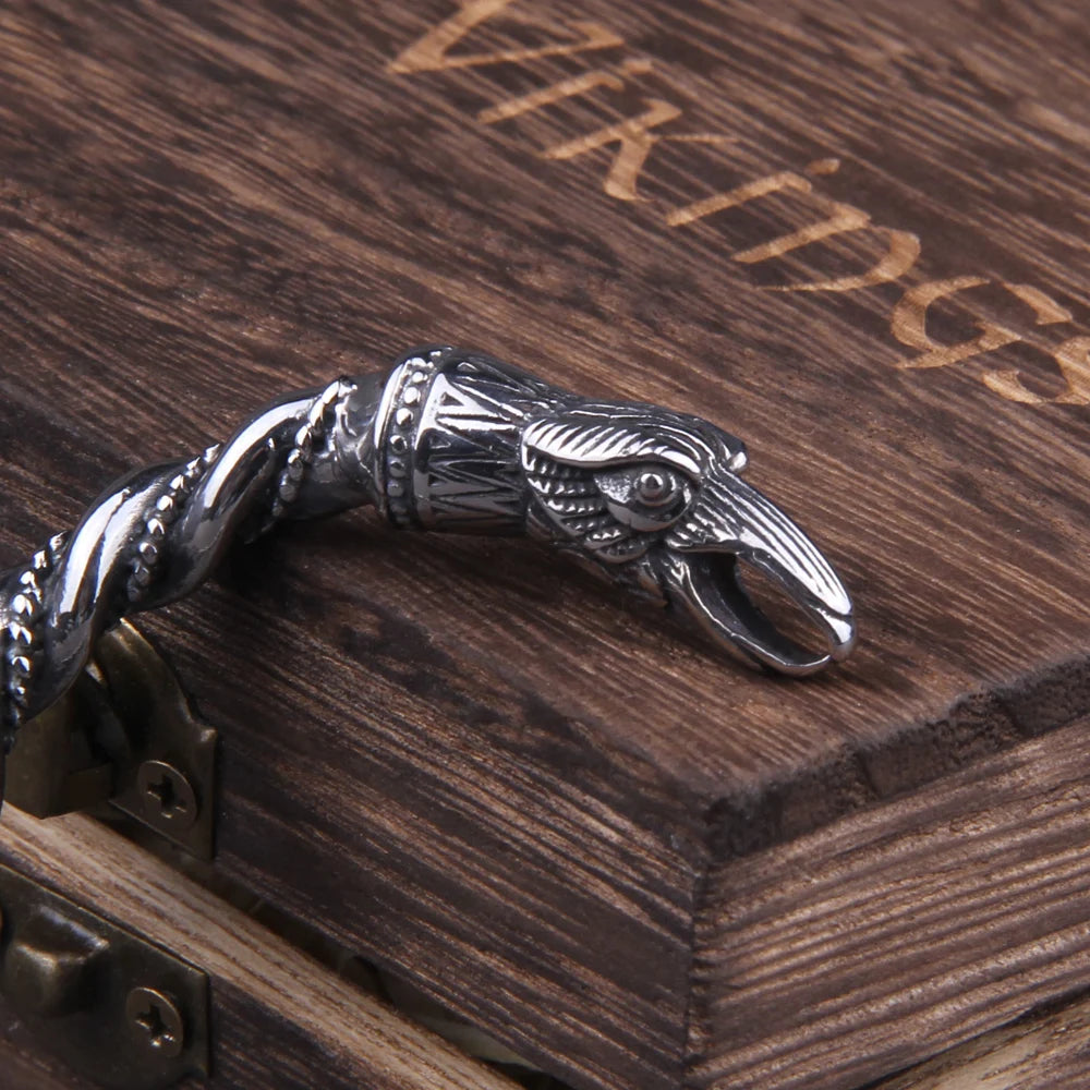 Nordic Viking Norse Raven Cuff Bracelet - Stainless Steel With Wooden Box