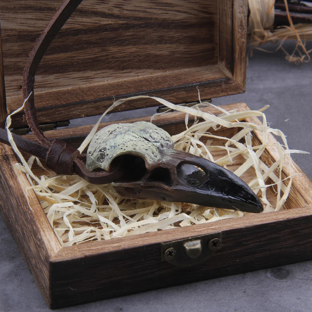 Raven Skull Necklace - Stainless Steel With Wooden Box