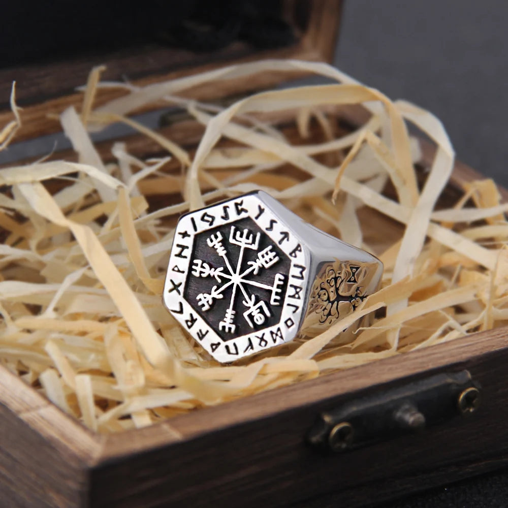 Viking Compass Vegvisir Aegishjalmur Runic Ring - Stainless Steel With Wooden Box