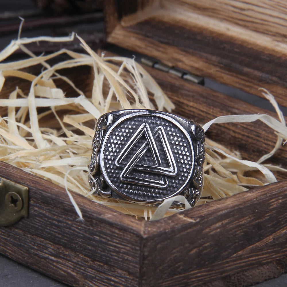 Viking Valknut Ring - Stainless Steel With Wooden Box