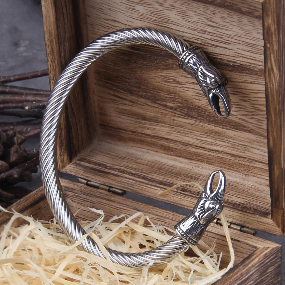 Nordic Viking Norse Raven Cuff Bracelet - Stainless Steel With Wooden Box