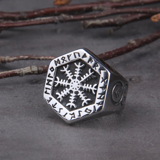 Viking Compass Vegvisir Aegishjalmur Runic Ring - Stainless Steel With Wooden Box