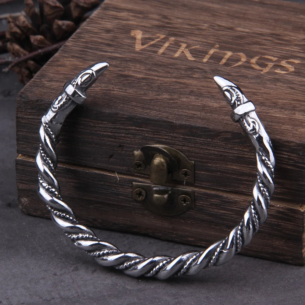 Viking Norse Cuff Bracelet - Stainless Steel With Wooden Box