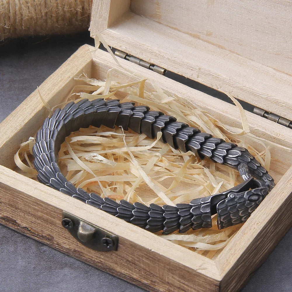 Viking Forge Ouroboros Snake Bracelet - Stainless Steel Wooden Box