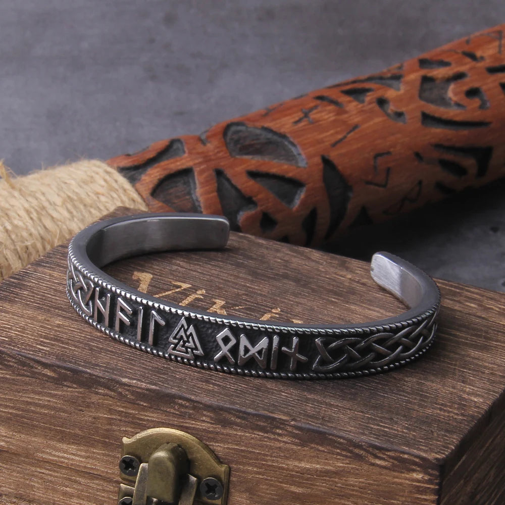 Viking Rune Bangle With Thor's Hammer - Stainless Steel With Wooden Box