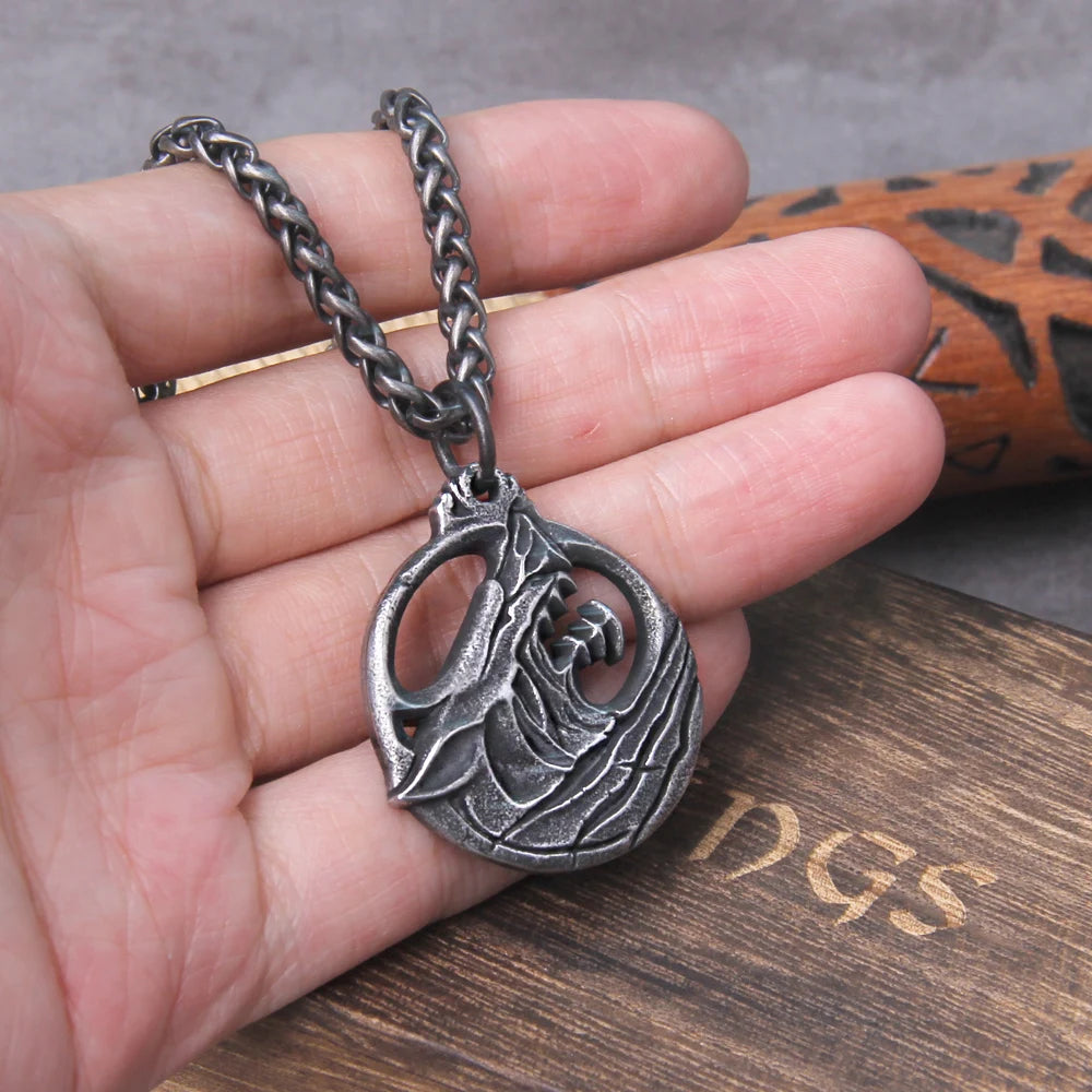 Wolf Head Norse Viking Pendant Necklace - Stainless Steel Wooden Box