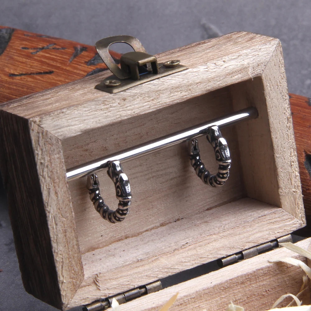 Dragon Head Huggie Hoop Earrings - Stainless Steel With Wooden Box