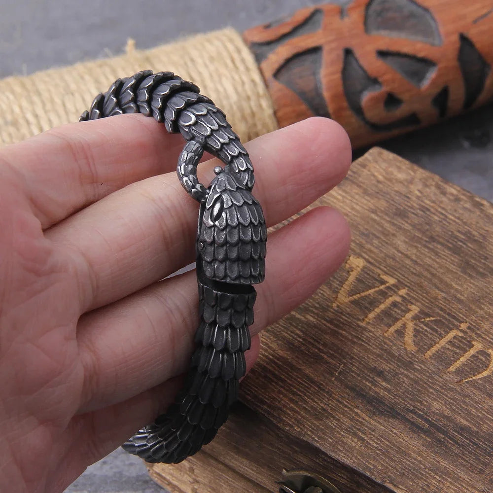 Viking Forge Ouroboros Snake Bracelet - Stainless Steel Wooden Box