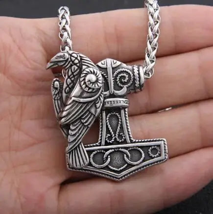 Viking Crow With Thors hammer - Stainless Steel With Wooden Box