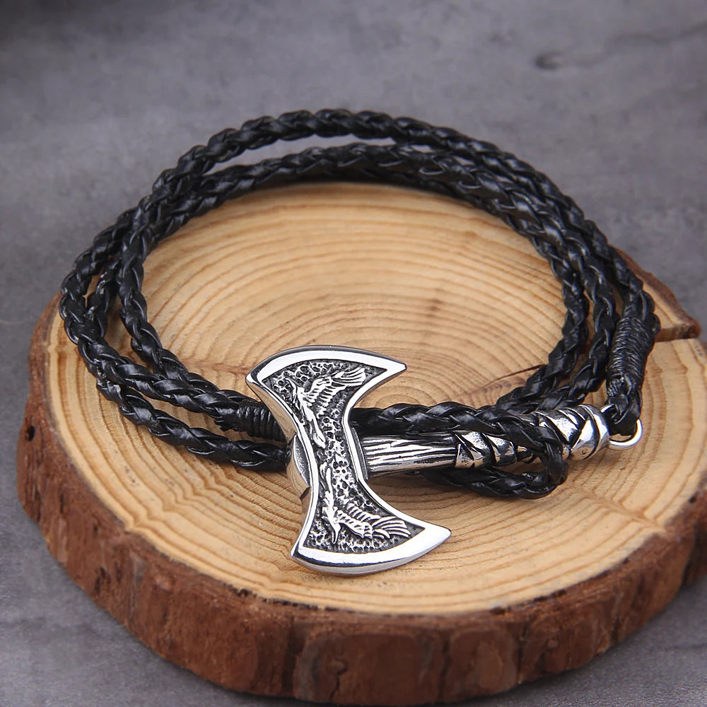 Norse Hatchet With Raven Design Multi-layer Leather Bracelet - Stainless Steel With Wooden Box