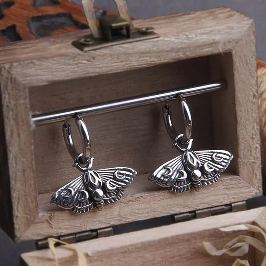 Vintage Moth Ear Hoops Moon Moth Charm Earings - Stainless Steel With Wooden Box