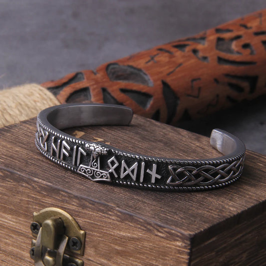 Viking Rune Bangle With Thor's Hammer - Stainless Steel With Wooden Box