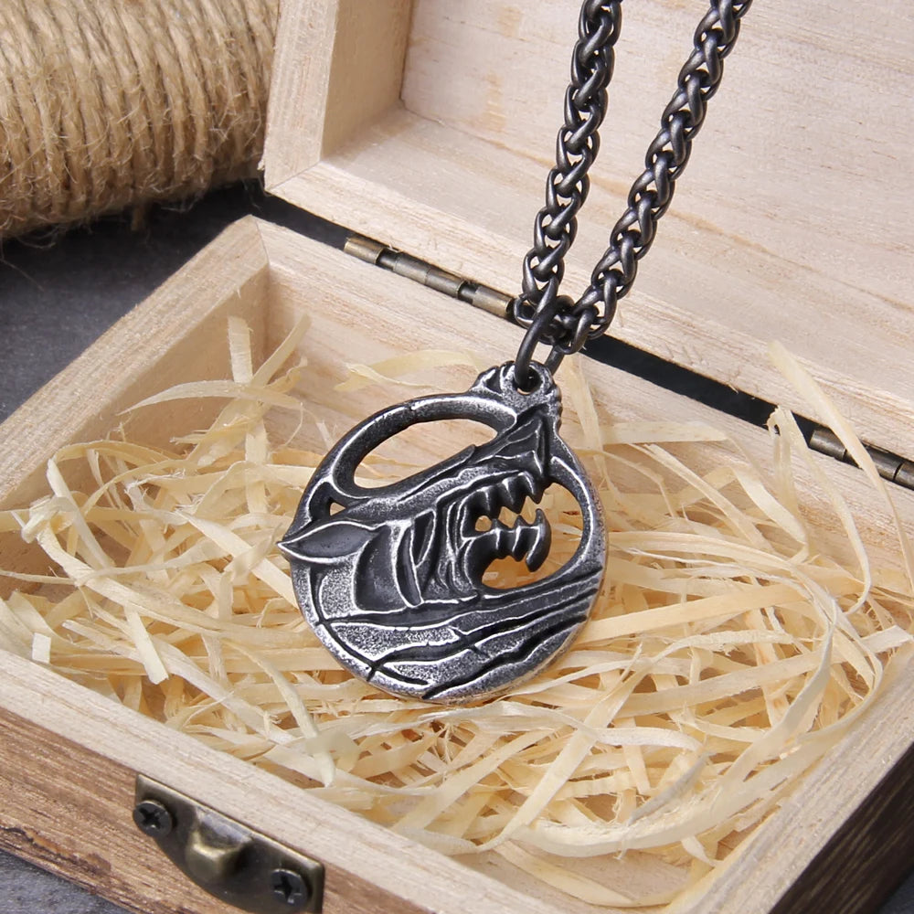 Wolf Head Norse Viking Pendant Necklace - Stainless Steel Wooden Box