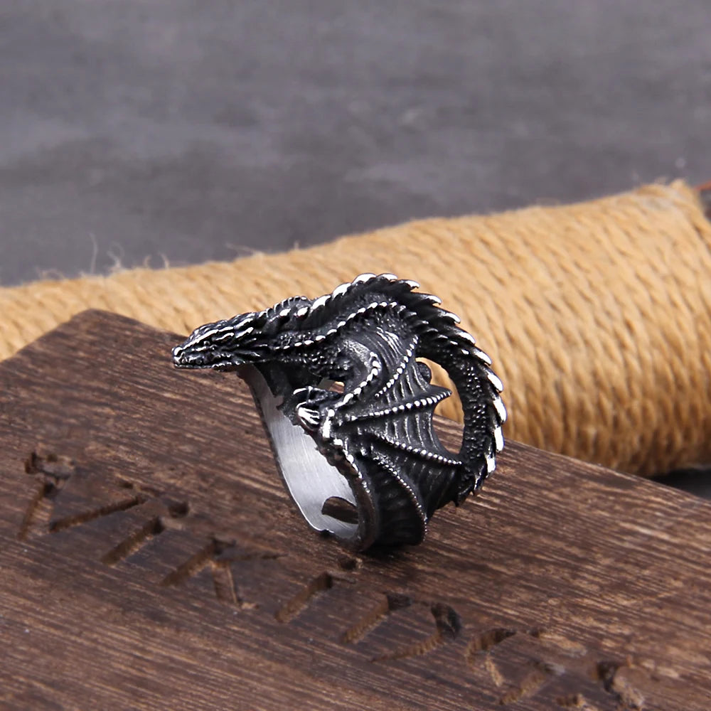 Viking Style Stainless Steel Huge Dragon Ring Fashion Jewelry as gift with wooden box