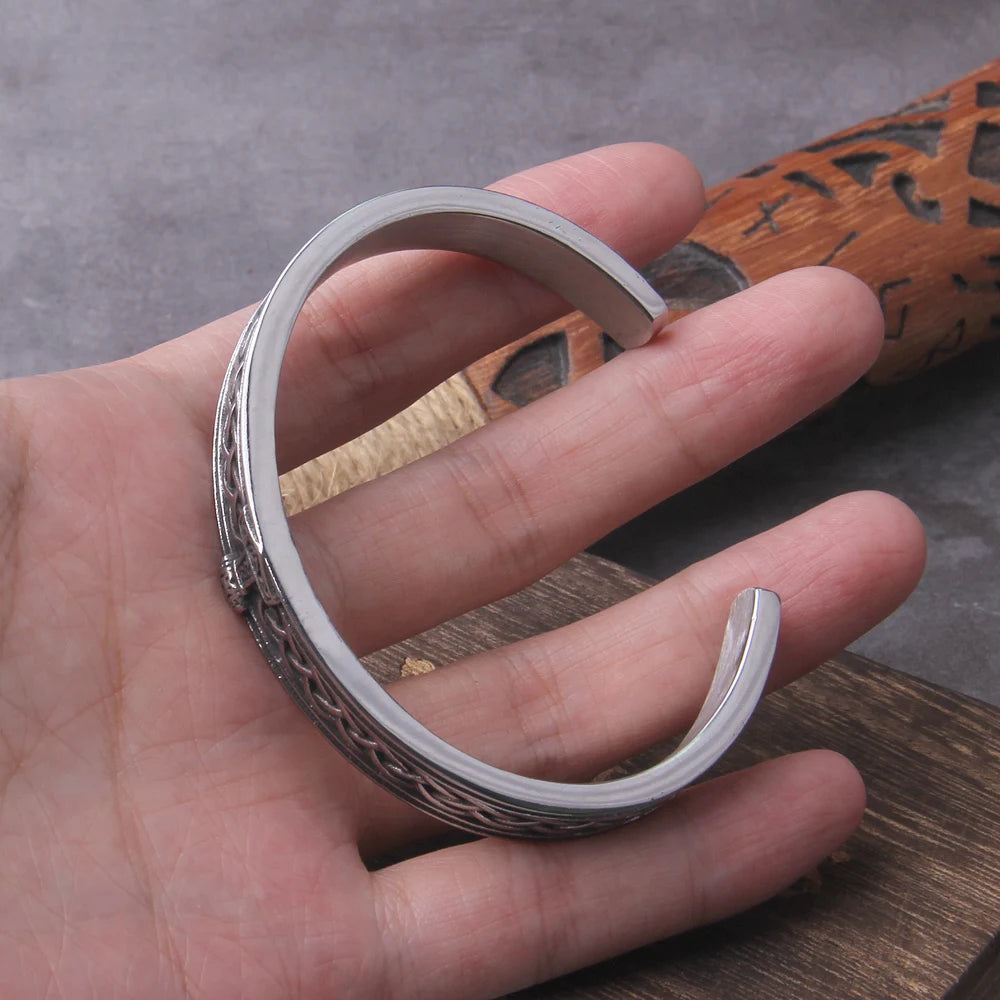 Viking Rune Bangle With Thor's Hammer - Stainless Steel With Wooden Box