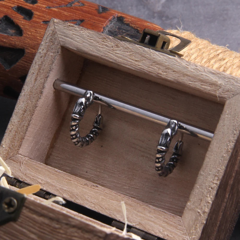 Dragon Head Huggie Hoop Earrings - Stainless Steel With Wooden Box