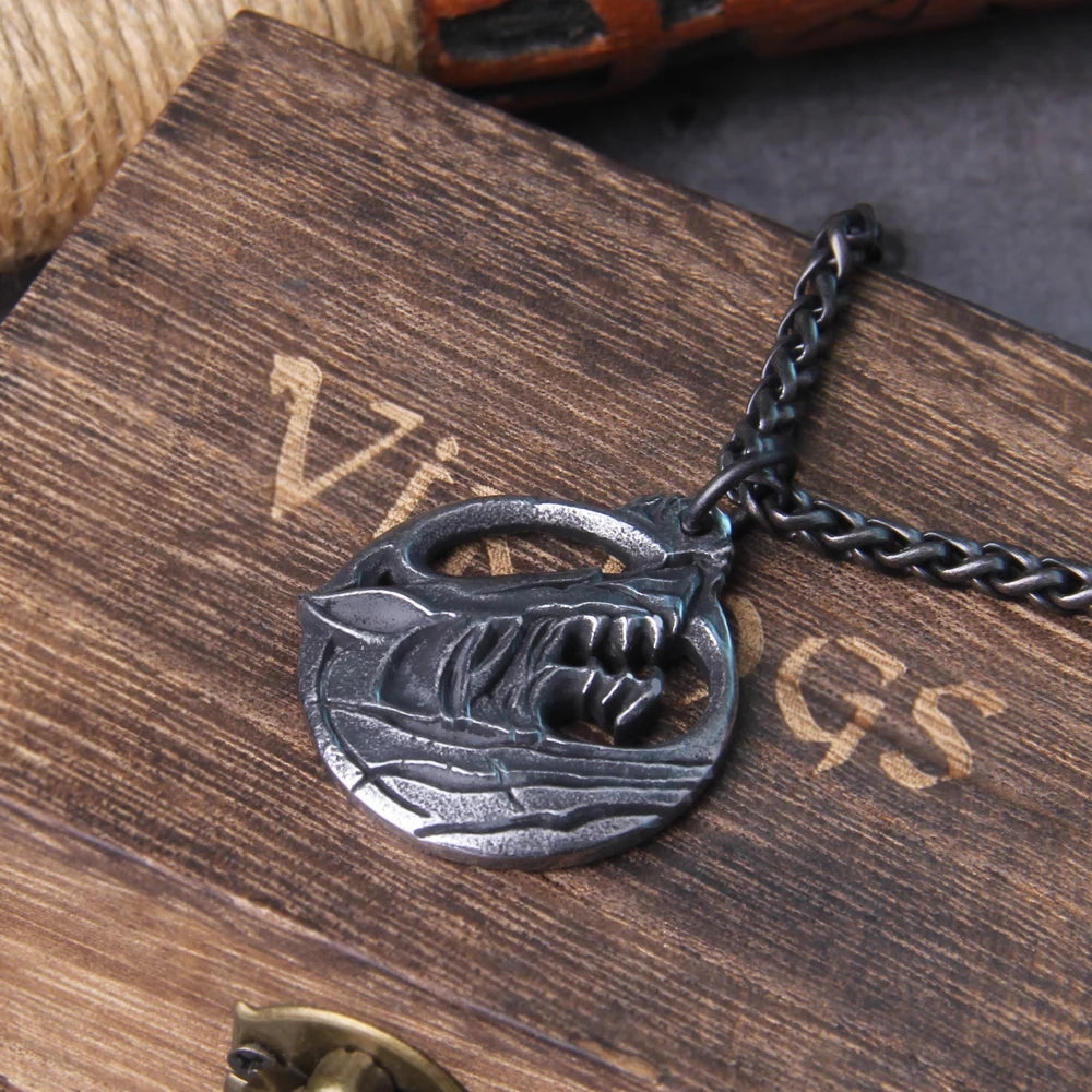 Wolf Head Norse Viking Pendant Necklace - Stainless Steel Wooden Box