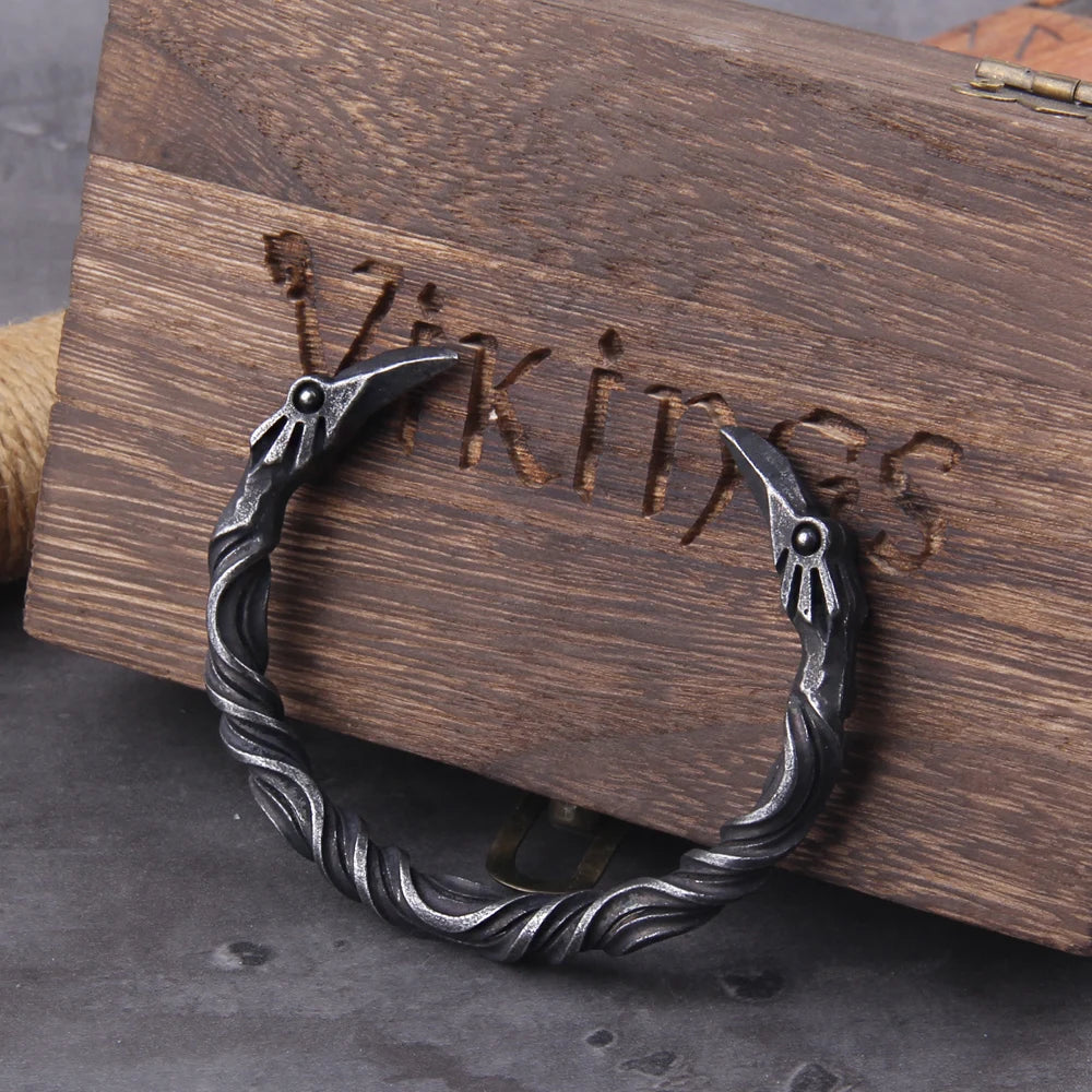 Nordic Viking Norse Raven Cuff Bracelet - Stainless Steel With Wooden Box