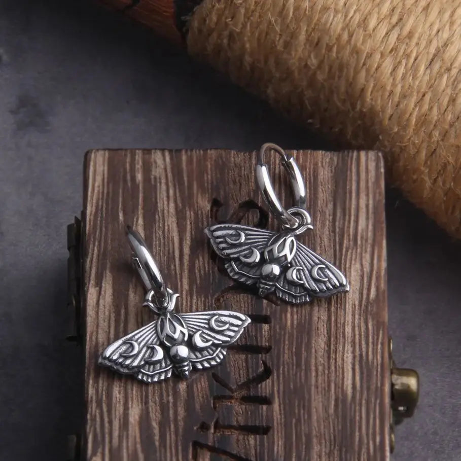 Vintage Moth Ear Hoops Moon Moth Charm Earings - Stainless Steel With Wooden Box