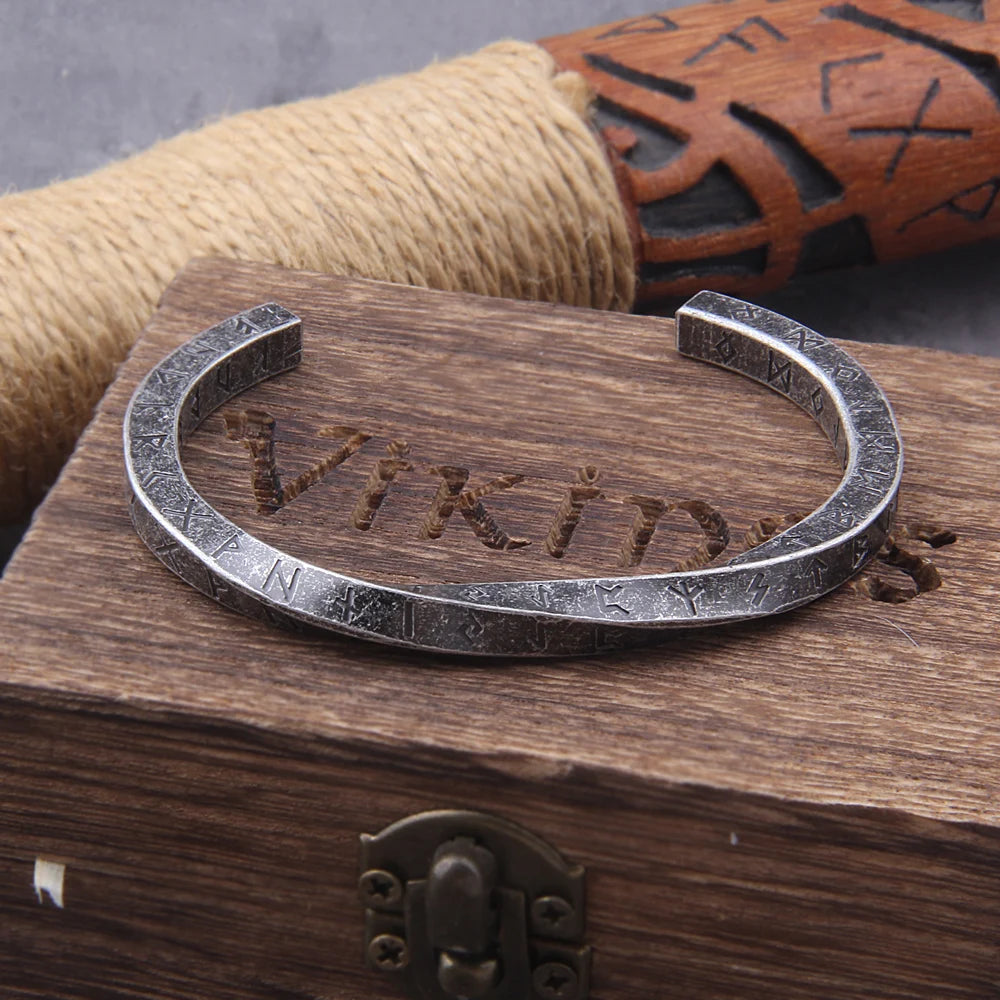 Viking Rune Vintage Mobius Cuff Bracelet – Stainless Steel With Wooden Box