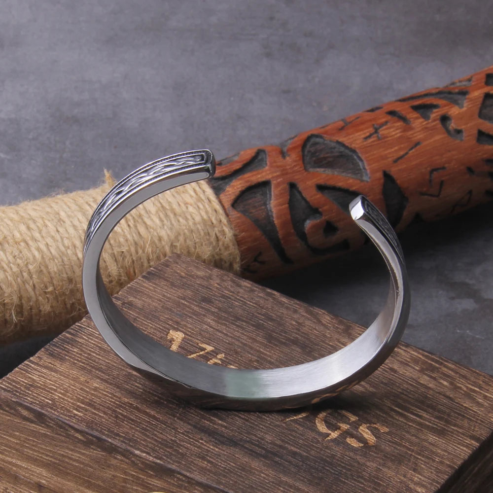 Viking Rune Bangle With Thor's Hammer - Stainless Steel With Wooden Box