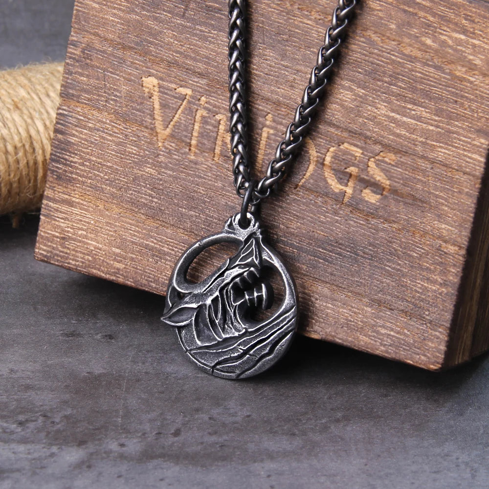 Wolf Head Norse Viking Pendant Necklace - Stainless Steel Wooden Box