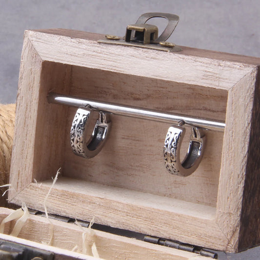 Vikings Jewelry Huggie Hoop Earrings - Stainless Steel With Wooden Box