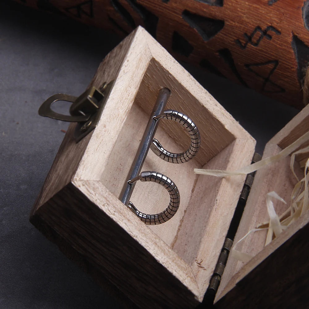 Twisted Pattern Hoop Earrings - Stainless Steel With Wooden Box