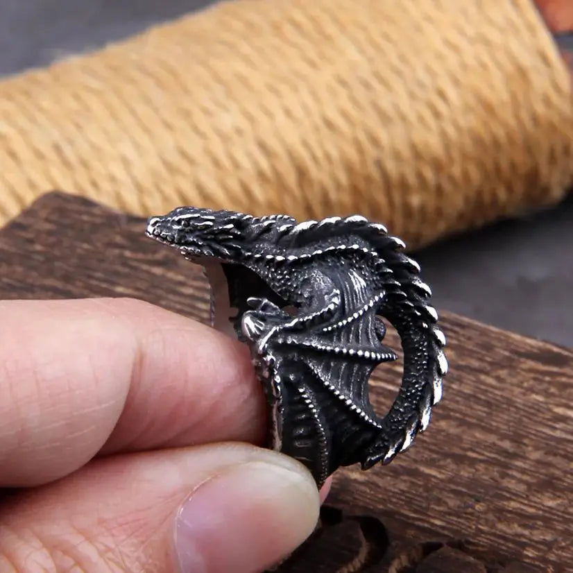 Viking Style Stainless Steel Huge Dragon Ring Fashion Jewelry as gift with wooden box