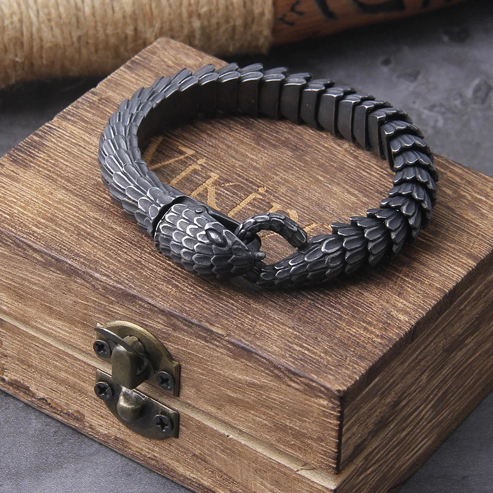 Viking Forge Ouroboros Snake Bracelet - Stainless Steel Wooden Box