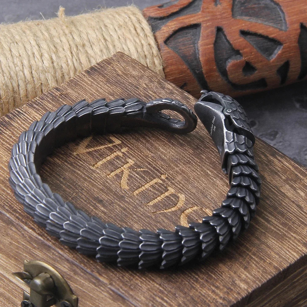 Viking Forge Ouroboros Snake Bracelet - Stainless Steel Wooden Box