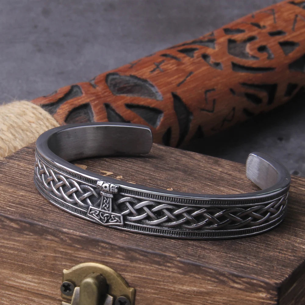 Viking Rune Bangle With Thor's Hammer - Stainless Steel With Wooden Box