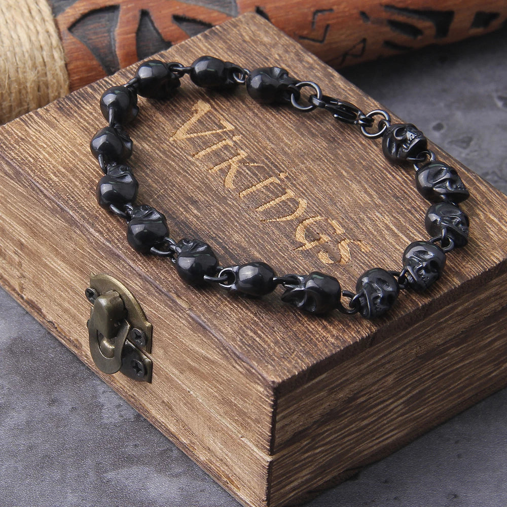 Vintage Full Skull Beaded Bracelet - Stainless Steel With Wooden Box